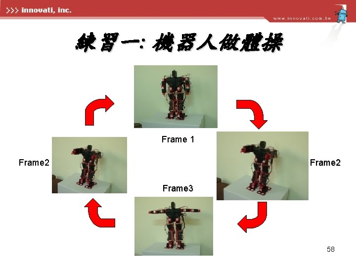 練習一: 機器人做體操 Frame 1 Frame 2 Frame 3 58 
