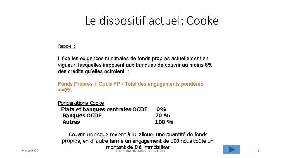 Le dispositif actuel: Cooke Rappel : Il fixe les exigences minimales de fonds propres