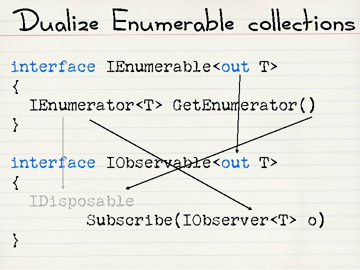 Dualize Enumerable collections interface IEnumerable<out T> { IEnumerator<T> Get. Enumerator() } interface IObservable<out T>
