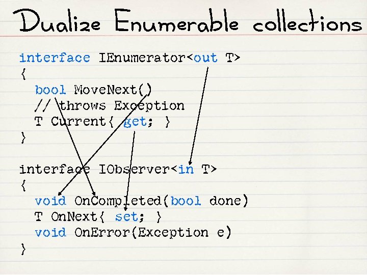 Dualize Enumerable collections interface IEnumerator<out T> { bool Move. Next() // throws Exception T