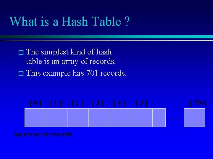 What is a Hash Table ? � The simplest kind of hash table is