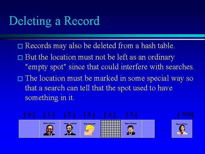 Deleting a Record � Records may also be deleted from a hash table. �