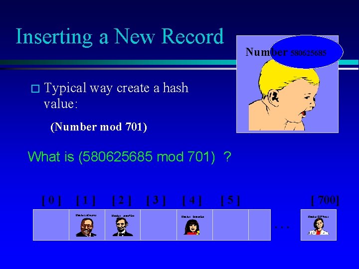 Inserting a New Record � Typical Number 580625685 way create a hash value: (Number