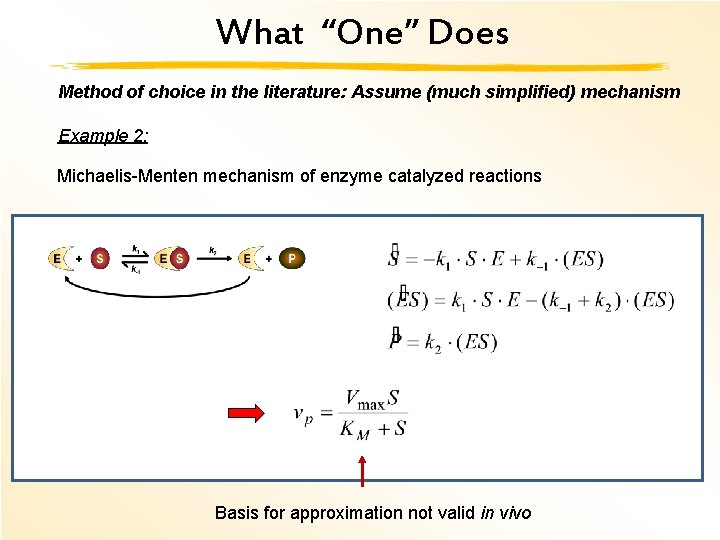 What “One” Does Method of choice in the literature: Assume (much simplified) mechanism Example