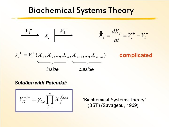 Biochemical Systems Theory V i+ Xi V i– complicated inside outside Solution with Potential:
