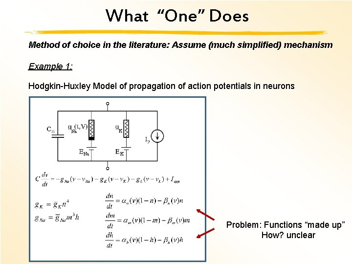What “One” Does Method of choice in the literature: Assume (much simplified) mechanism Example