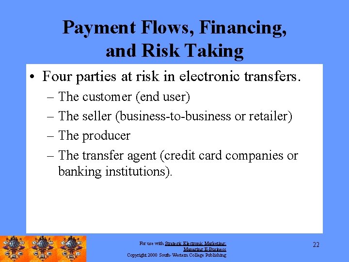 Payment Flows, Financing, and Risk Taking • Four parties at risk in electronic transfers.