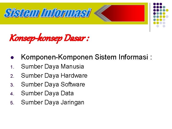 Konsep-konsep Dasar : l Komponen-Komponen Sistem Informasi : 1. Sumber Daya Manusia Sumber Daya