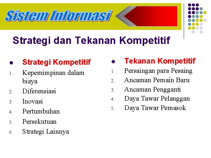 Strategi dan Tekanan Kompetitif l Strategi Kompetitif l Tekanan Kompetitif 1. Kepemimpinan dalam biaya