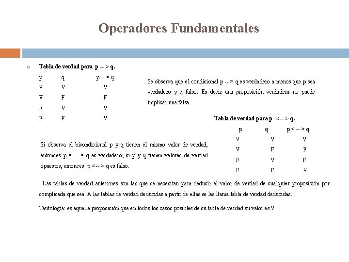 Operadores Fundamentales Tabla de verdad para p -- > q. p q p --