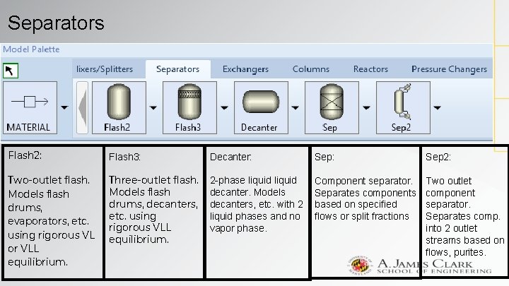 Separators Flash 2: Flash 3: Decanter: Sep 2: Two-outlet flash. Models flash drums, evaporators,