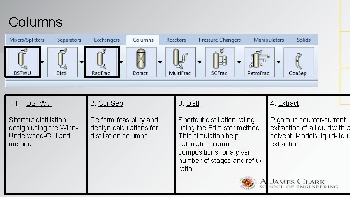 Columns 1. DSTWU Shortcut distillation design using the Winn. Underwood-Gilliland method. 2. Con. Sep