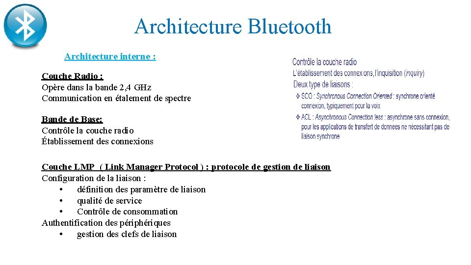 Architecture Bluetooth Architecture interne : Couche Radio : Opère dans la bande 2, 4