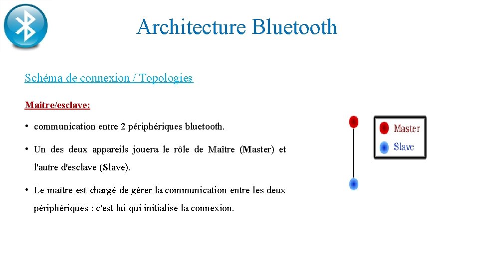 Architecture Bluetooth Schéma de connexion / Topologies Maitre/esclave: • communication entre 2 périphériques bluetooth.