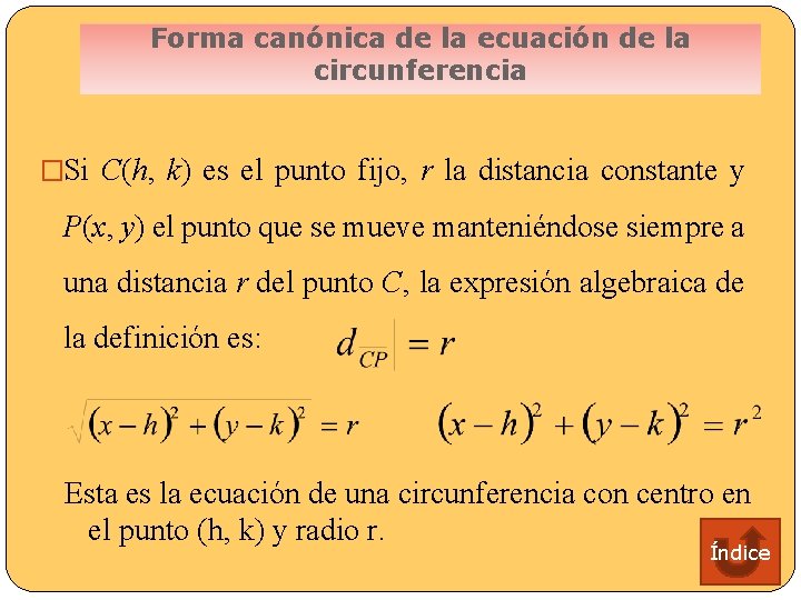 Forma canónica de la ecuación de la circunferencia �Si C(h, k) es el punto