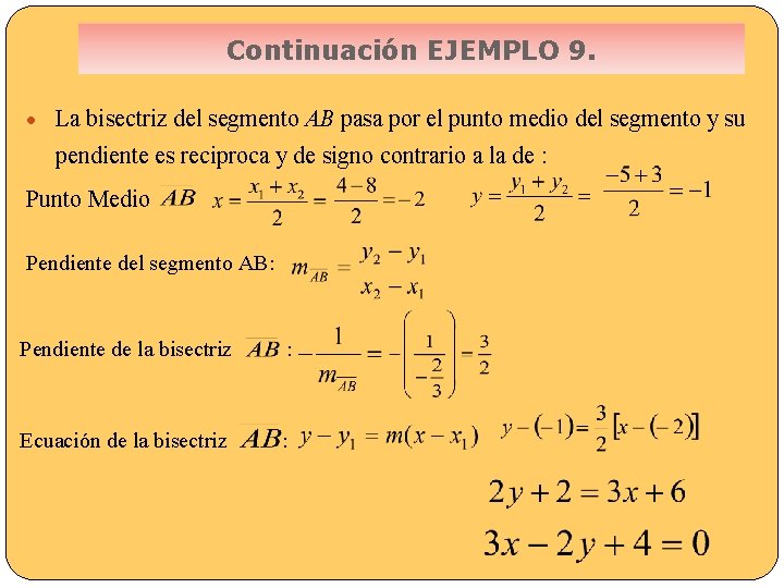 Continuación EJEMPLO 9. La bisectriz del segmento AB pasa por el punto medio del