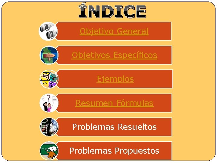 ÍNDICE Objetivo General Objetivos Específicos Ejemplos Resumen Fórmulas Problemas Resueltos Problemas Propuestos 