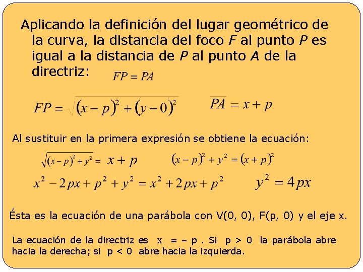 Aplicando la definición del lugar geométrico de la curva, la distancia del foco F
