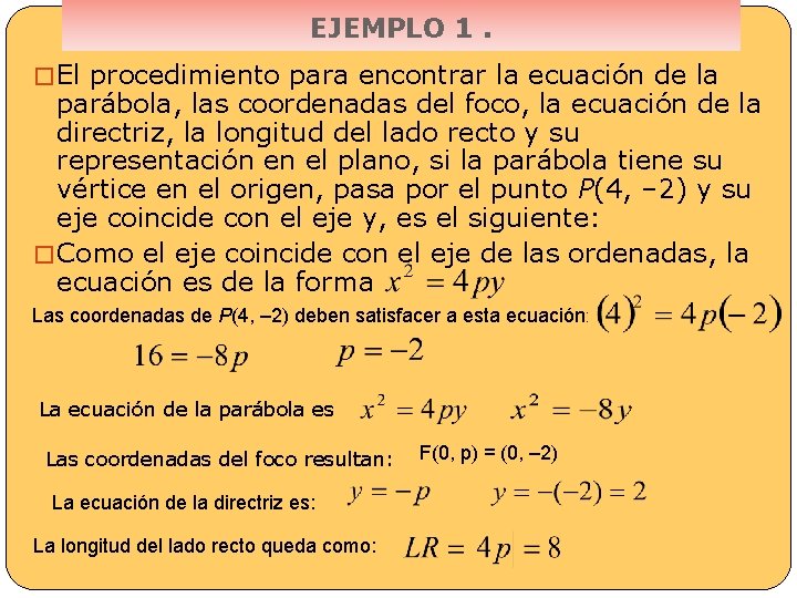 EJEMPLO 1. � El procedimiento para encontrar la ecuación de la parábola, las coordenadas
