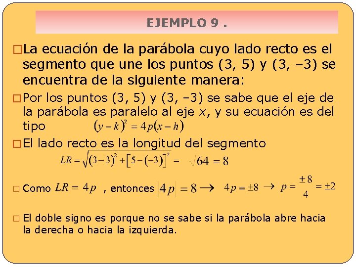 EJEMPLO 9. �La ecuación de la parábola cuyo lado recto es el segmento que