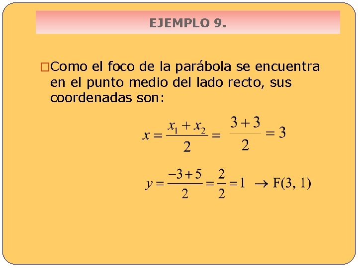 EJEMPLO 9. �Como el foco de la parábola se encuentra en el punto medio