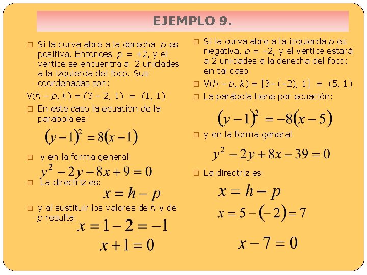 EJEMPLO 9. � Si la curva abre a la derecha p es positiva. Entonces