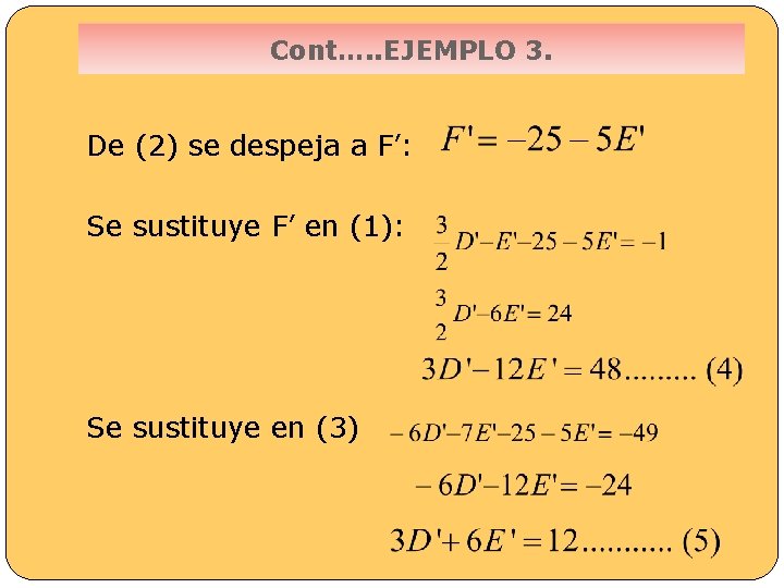 Cont…. . EJEMPLO 3. De (2) se despeja a F’: Se sustituye F’ en