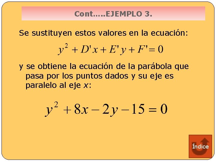 Cont…. . EJEMPLO 3. Se sustituyen estos valores en la ecuación: y se obtiene