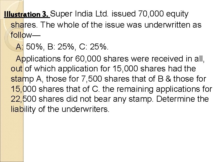 Illustration 3. Super India Ltd. issued 70, 000 equity shares. The whole of the