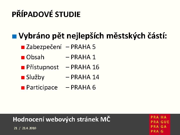 PŘÍPADOVÉ STUDIE ■ Vybráno pět nejlepších městských částí: ■ Zabezpečení ■ Obsah ■ Přístupnost