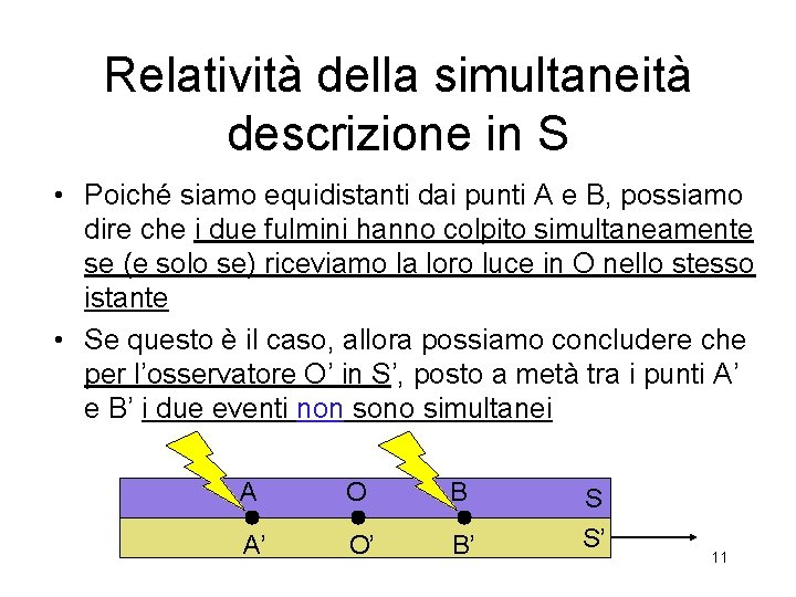 Relatività della simultaneità descrizione in S • Poiché siamo equidistanti dai punti A e