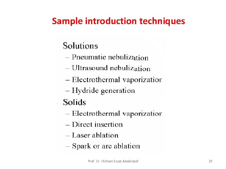 Sample introduction techniques Prof. Dr. Hisham Ezzat Abdellatef 28 