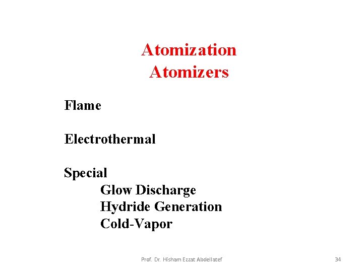 Atomization Atomizers Flame Electrothermal Special Glow Discharge Hydride Generation Cold-Vapor Prof. Dr. Hisham Ezzat