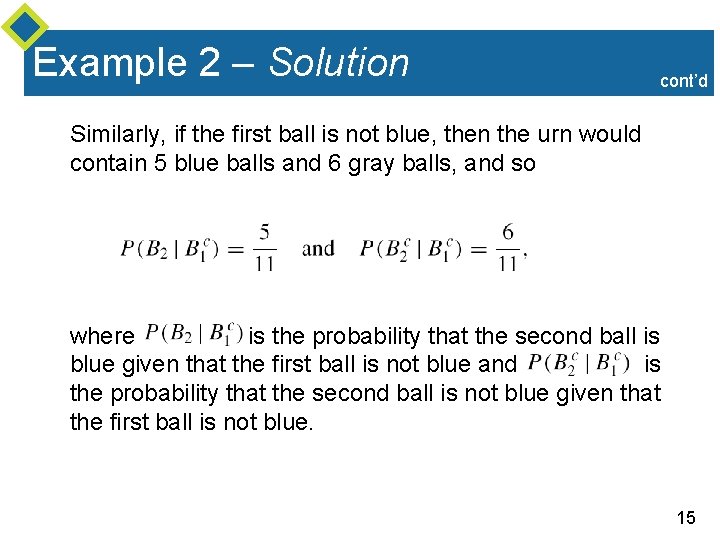 Example 2 – Solution cont’d Similarly, if the first ball is not blue, then