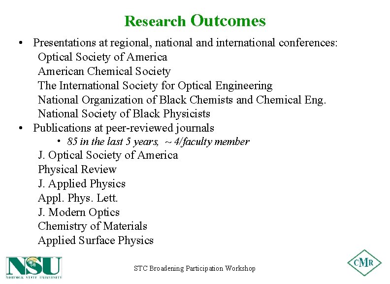 Research Outcomes • Presentations at regional, national and international conferences: Optical Society of American