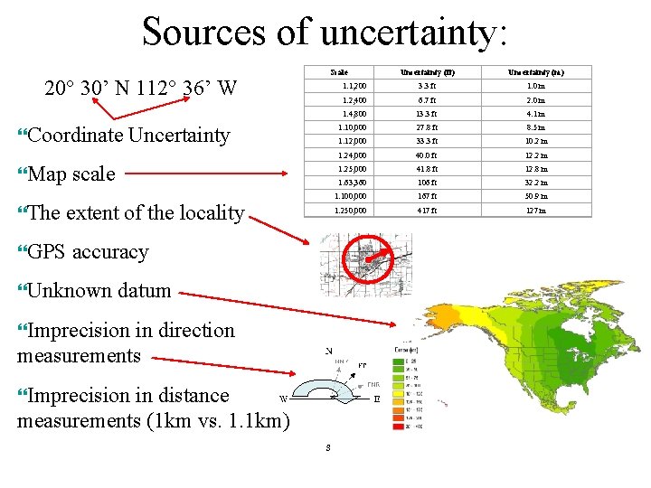 Sources of uncertainty: 20° 30’ N 112° 36’ W }Coordinate Uncertainty }Map scale }The