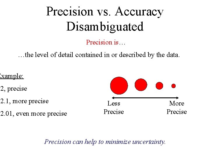 Precision vs. Accuracy Disambiguated Precision is… …the level of detail contained in or described