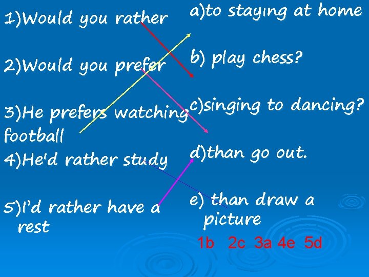 1)Would you rather a)to stayıng at home 2)Would you prefer b) play chess? c)