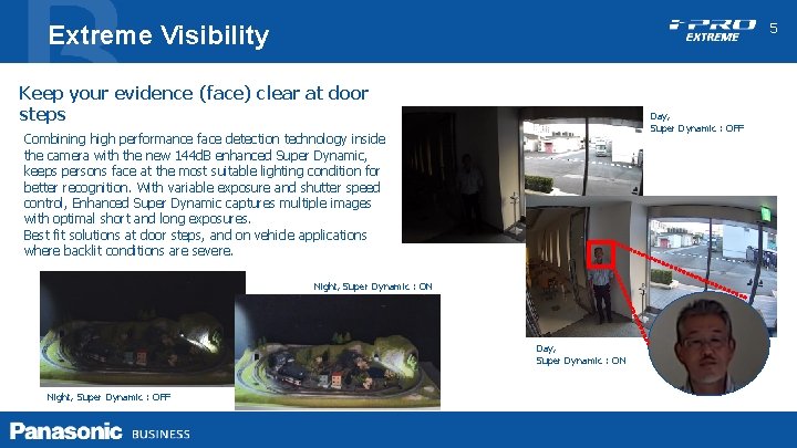 5 Extreme Visibility Keep your evidence (face) clear at door steps Day, Super Dynamic