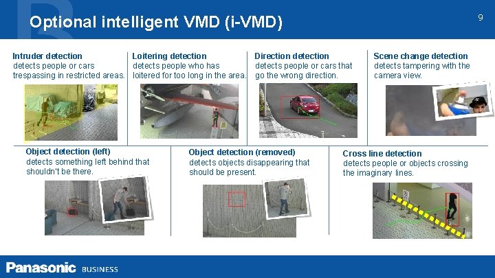 9 Optional intelligent VMD (i-VMD) Intruder detection Loitering detection Direction detects people or cars