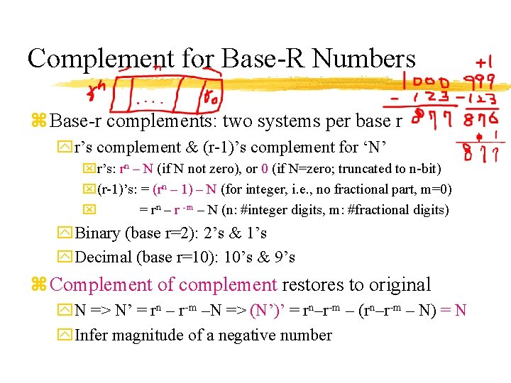 Complement for Base-R Numbers z Base-r complements: two systems per base r yr’s complement