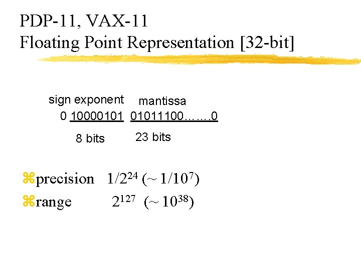 PDP-11, VAX-11 Floating Point Representation [32 -bit] sign exponent mantissa 0 100001011100……. 0 8