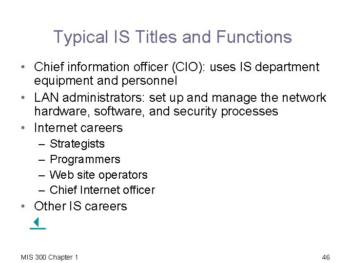 Typical IS Titles and Functions • Chief information officer (CIO): uses IS department equipment