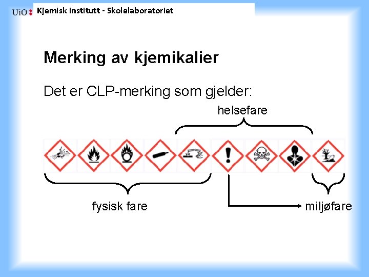 Kjemisk institutt - Skolelaboratoriet Merking av kjemikalier Det er CLP-merking som gjelder: helsefare fysisk