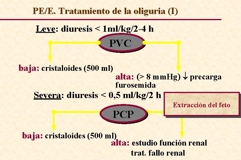 PE/E. Tratamiento de la oliguria (I) Leve: diuresis < 1 ml/kg/2 -4 h PVC