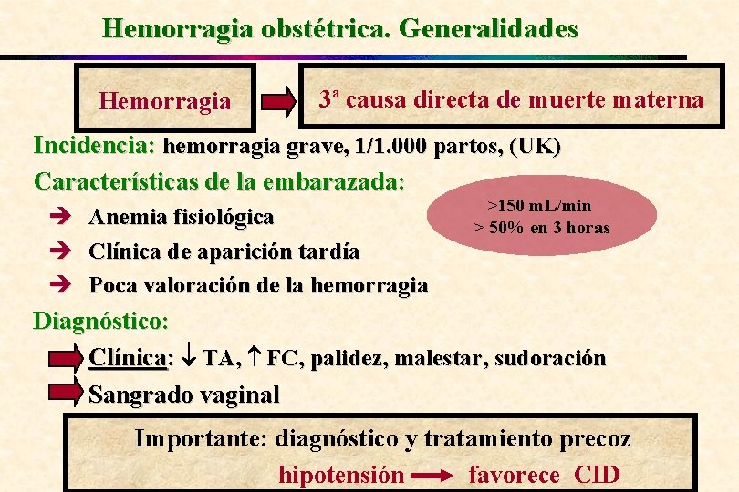 Hemorragia obstétrica. Generalidades Hemorragia 3ª causa directa de muerte materna Incidencia: hemorragia grave, 1/1.