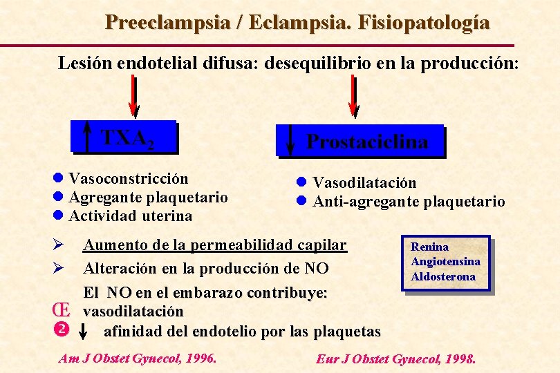 Preeclampsia / Eclampsia. Fisiopatología Lesión endotelial difusa: desequilibrio en la producción: TXA 2 l