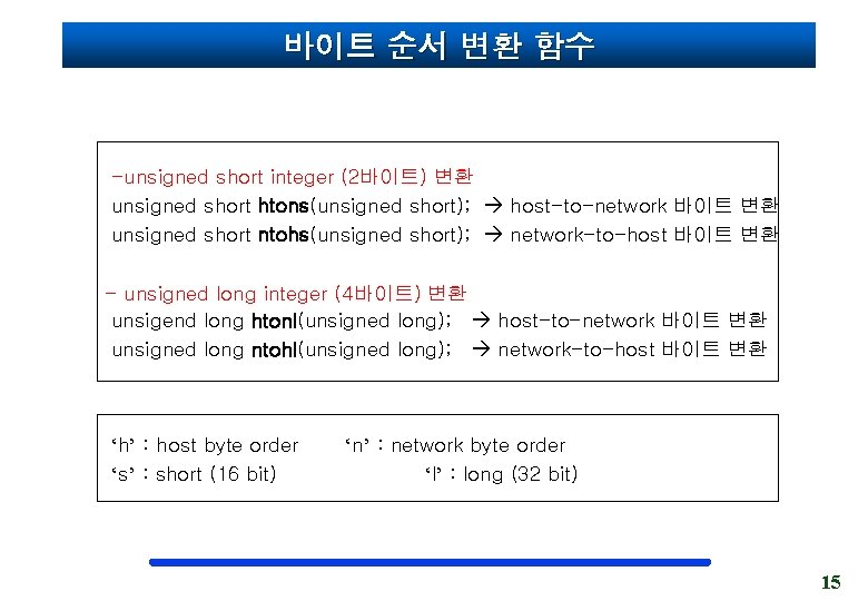 바이트 순서 변환 함수 -unsigned short integer (2바이트) 변환 unsigned short htons(unsigned short); host-to-network
