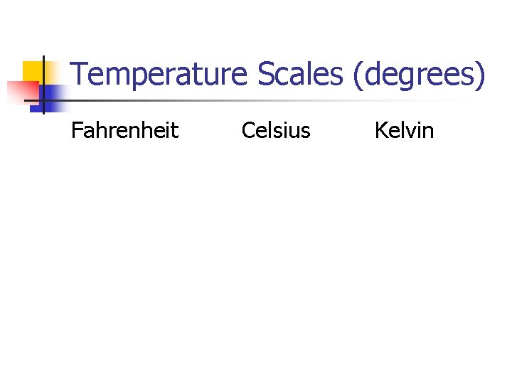 Temperature Scales (degrees) Fahrenheit Celsius Kelvin 