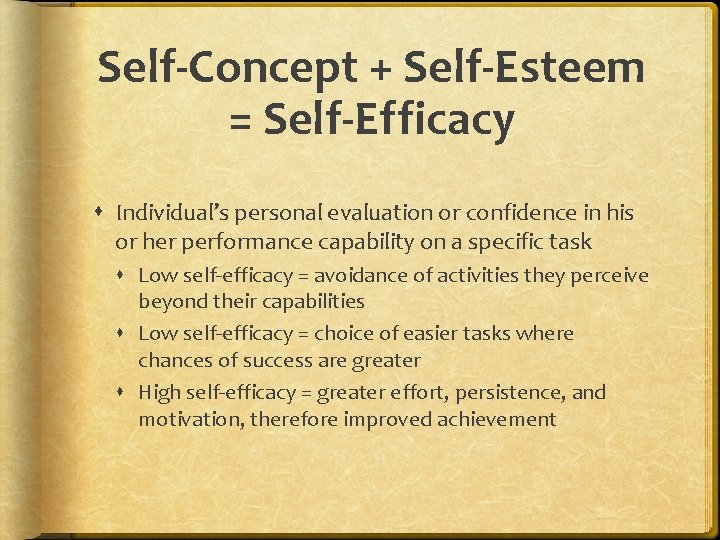 Self-Concept + Self-Esteem = Self-Efficacy Individual’s personal evaluation or confidence in his or her